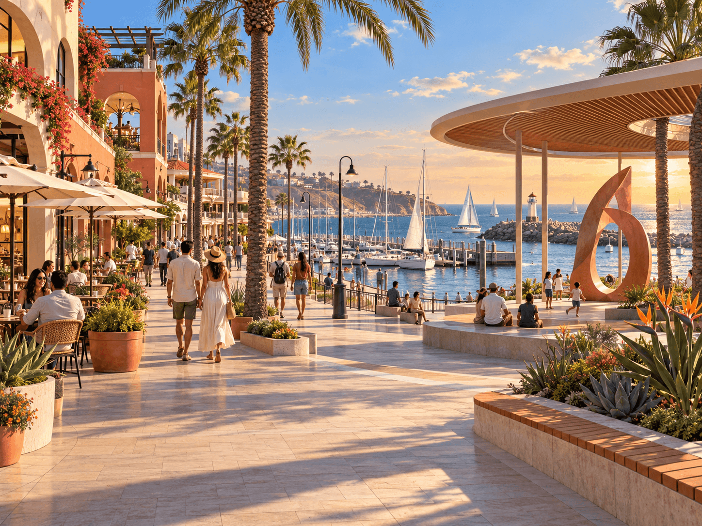 Imagined terracotta coastal promenade with marina boats, cafe terraces, palms and an arts pavilion. Concept collage, not an actual Redondo Beach view.